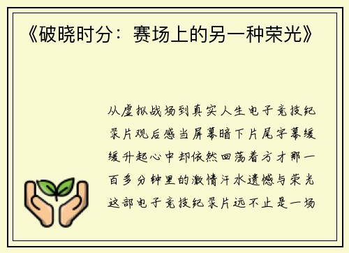 《破晓时分：赛场上的另一种荣光》